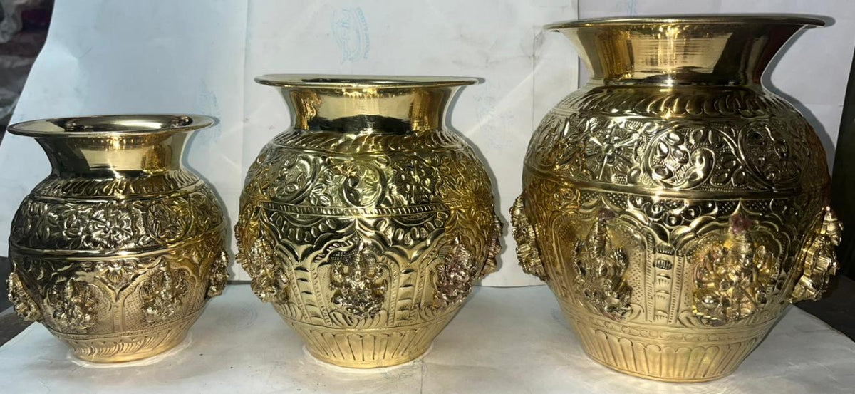 Handcrafted Brass Pooja Kalash with Divine Embossed Deity Design | Premium Home Temple Decor