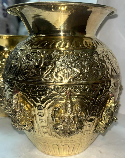 Handcrafted Brass Pooja Kalash with Divine Embossed Deity Design | Premium Home Temple Decor